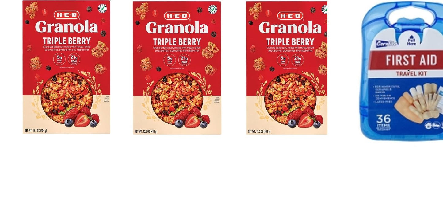 H?E?B Triple Berry Granola 15.3 oz(Pack of 3) with free first aid kit