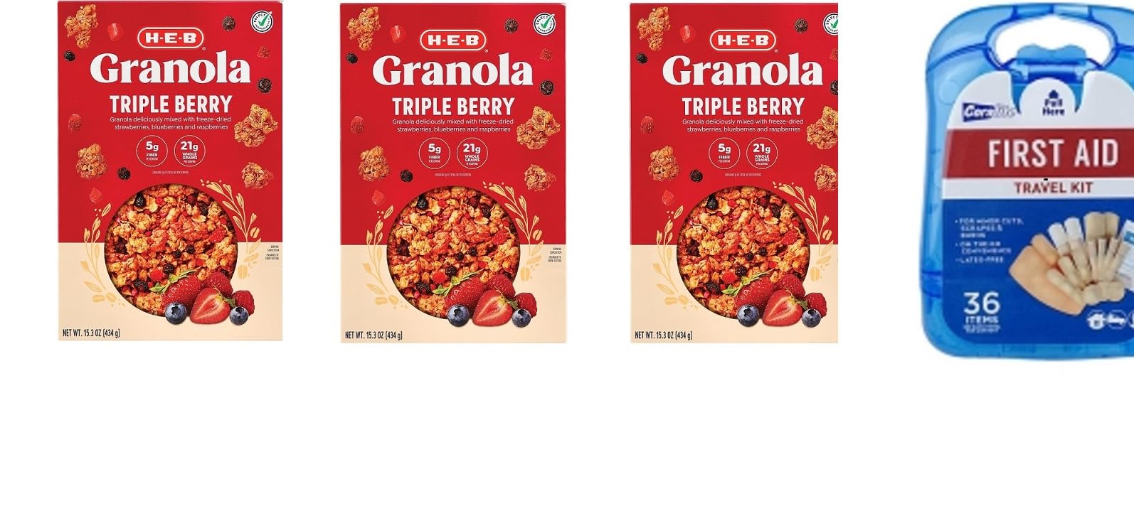 H?E?B Triple Berry Granola 15.3 oz(Pack of 3) with free first aid kit
