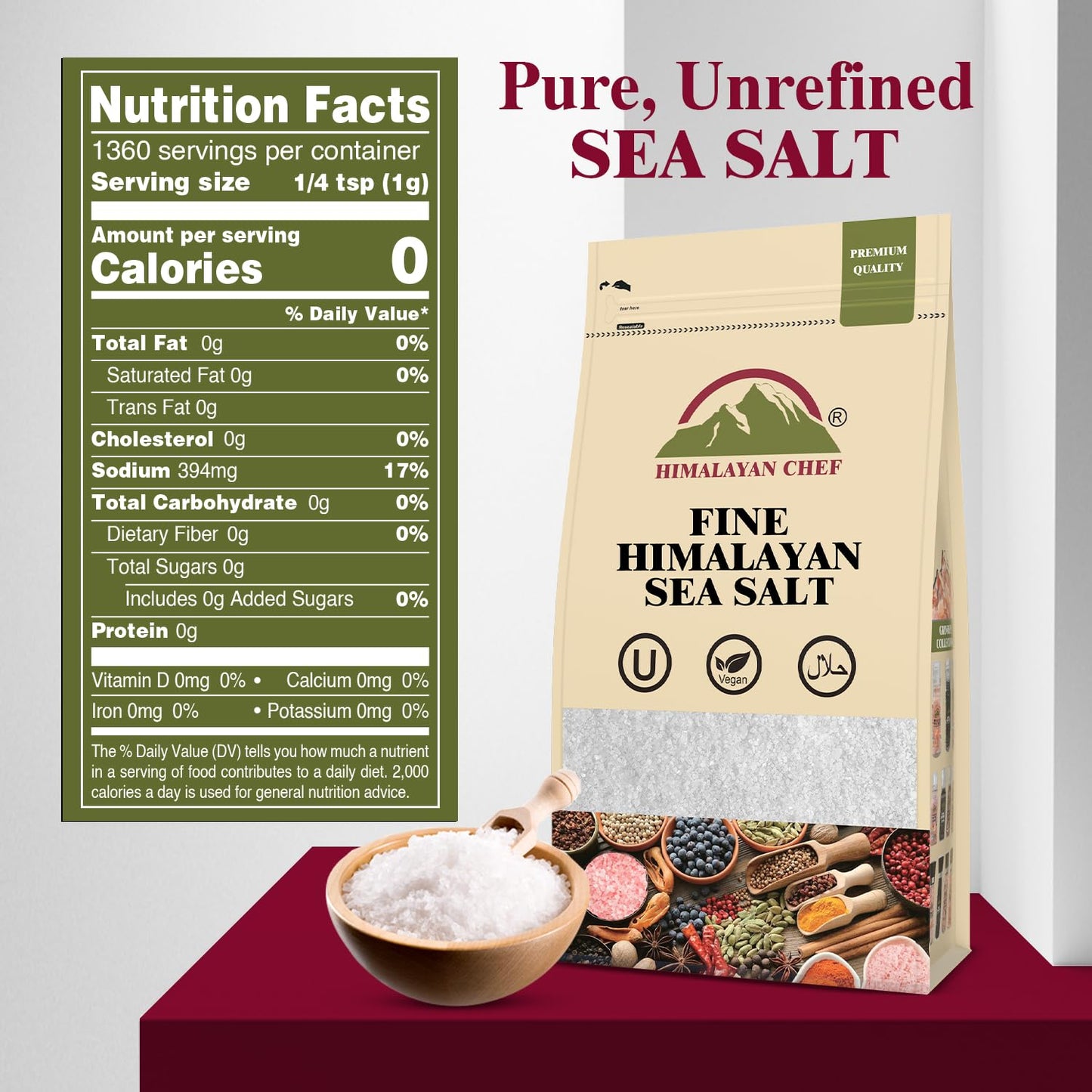 Himalayan Chef Sea Salt, All-Natural Fine Grain, 192 Ounce Sea Salt, Non-Iodized, No Additives, Unrefined Mineral Salt for Daily Cooking, 3 lbs/Each