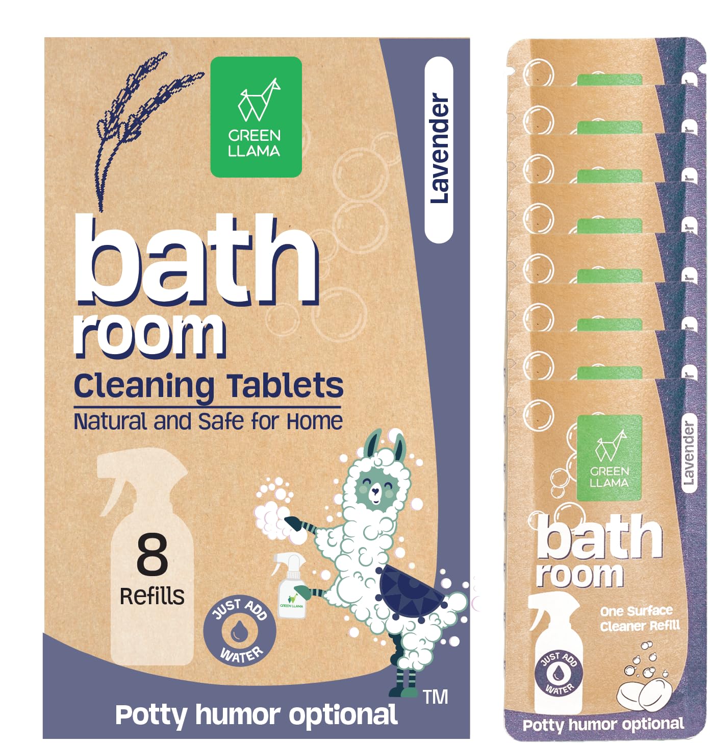 Green Llama Bathroom Cleaner Refill 8-Pack: Certified Compostable Packaging, Eco-Friendly & Sustainable Natural Cleaning Solution for a Sparkling