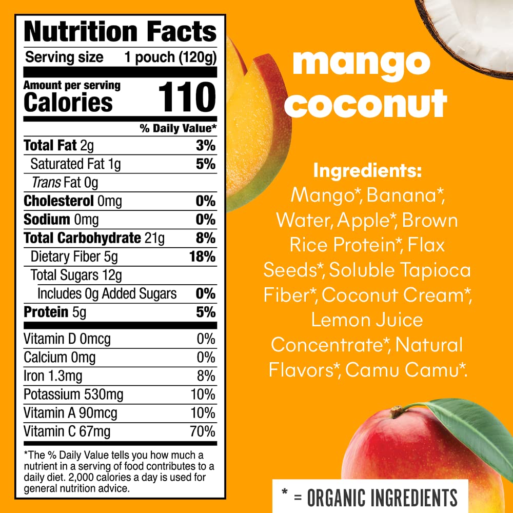 Noka Superfood Smoothie Pouches (Mango Coconut) 4 Pack, with Plant Protein, Prebiotic Fiber & Flax Seed, Organic, Gluten Free, Vegan, Healthy Fruit