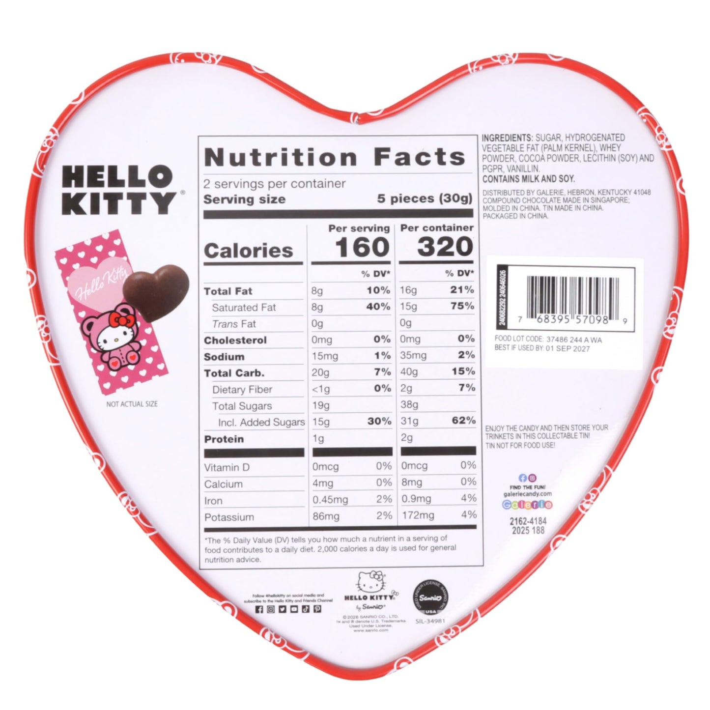 Valentine's Hello Kitty Heart Tin, Individually Wrapped Milk Chocolatey Hearts Inside, Seasonal Candy Gift, 2.12 Ounces
