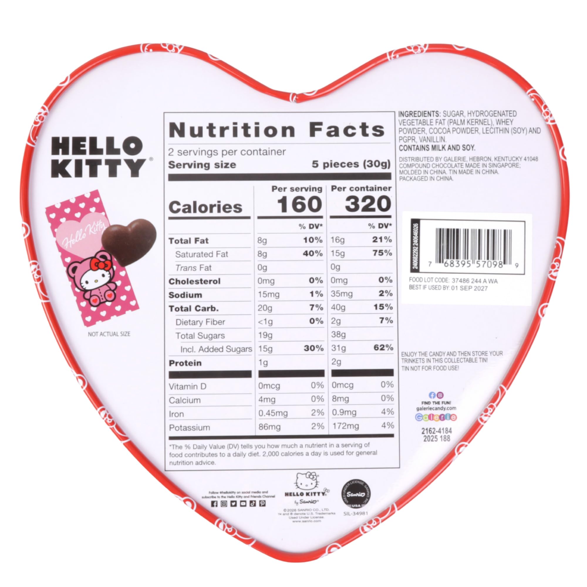 Valentine's Hello Kitty Heart Tin, Individually Wrapped Milk Chocolatey Hearts Inside, Seasonal Candy Gift, 2.12 Ounces