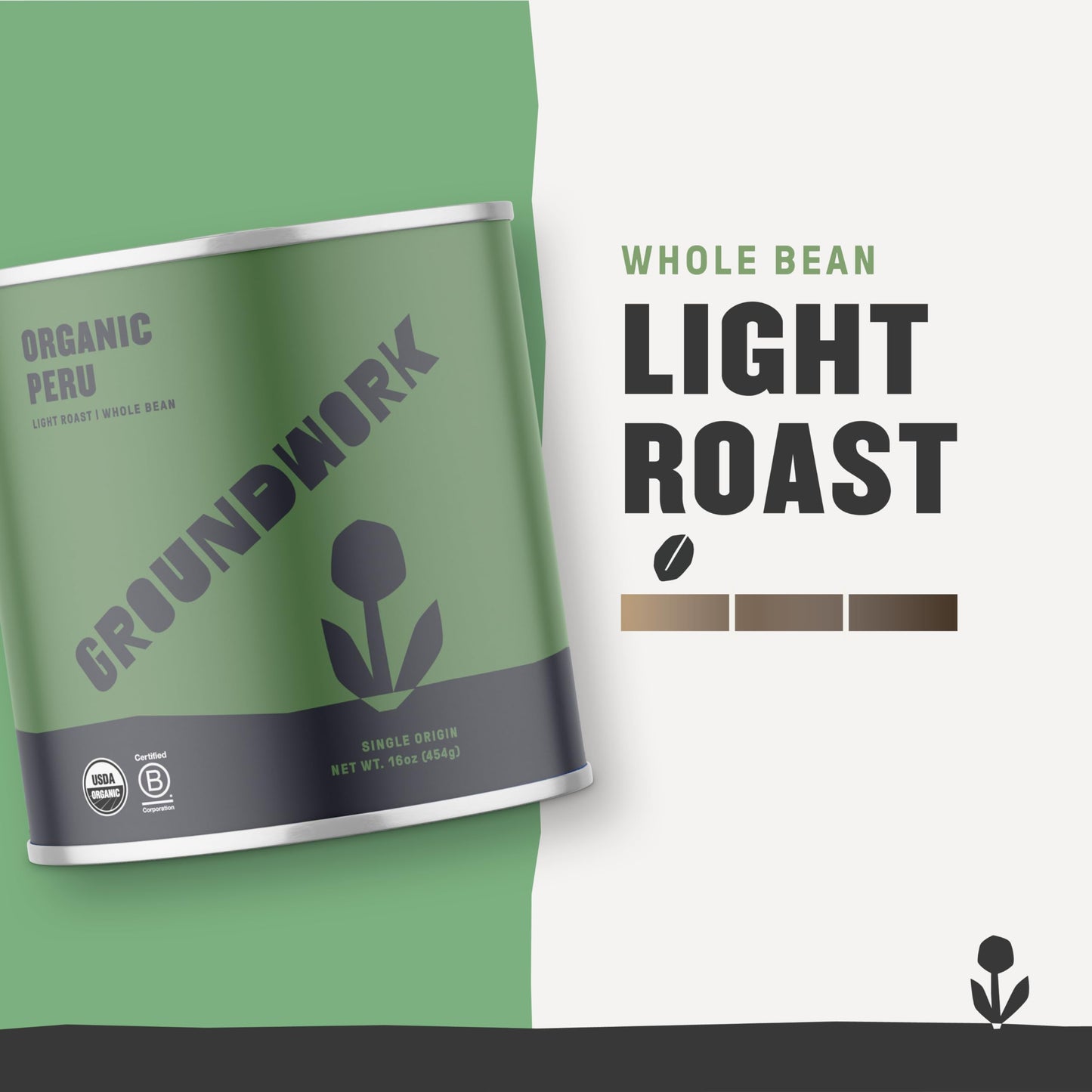 Groundwork USDA Organic Whole Bean Light Roast Coffee, Peru, 16 Ounce Can