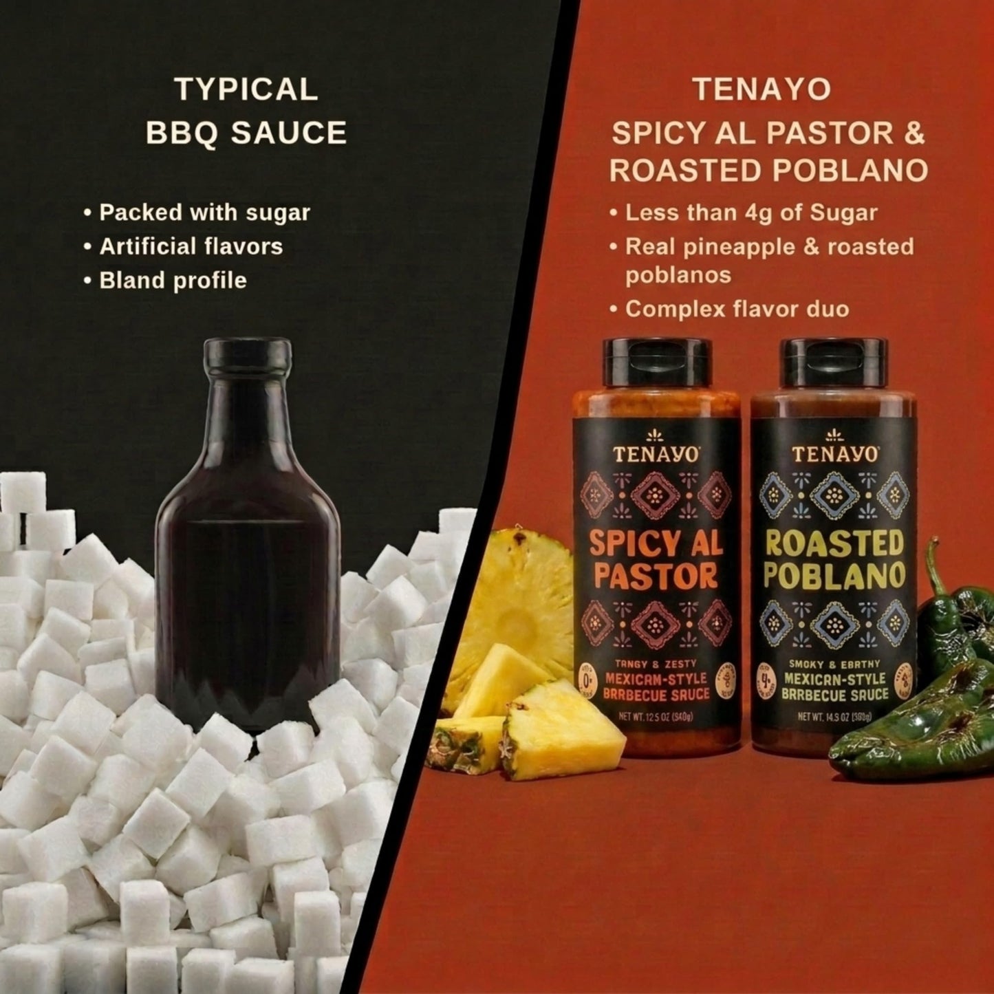 Tenayo Spicy Al Pastor & Roasted Poblano Barbecue Sauce 2-Pack (14.5 oz Bottles) - Mexican Style Sauce Duo with Pineapple, Chipotle & Roasted Poblano