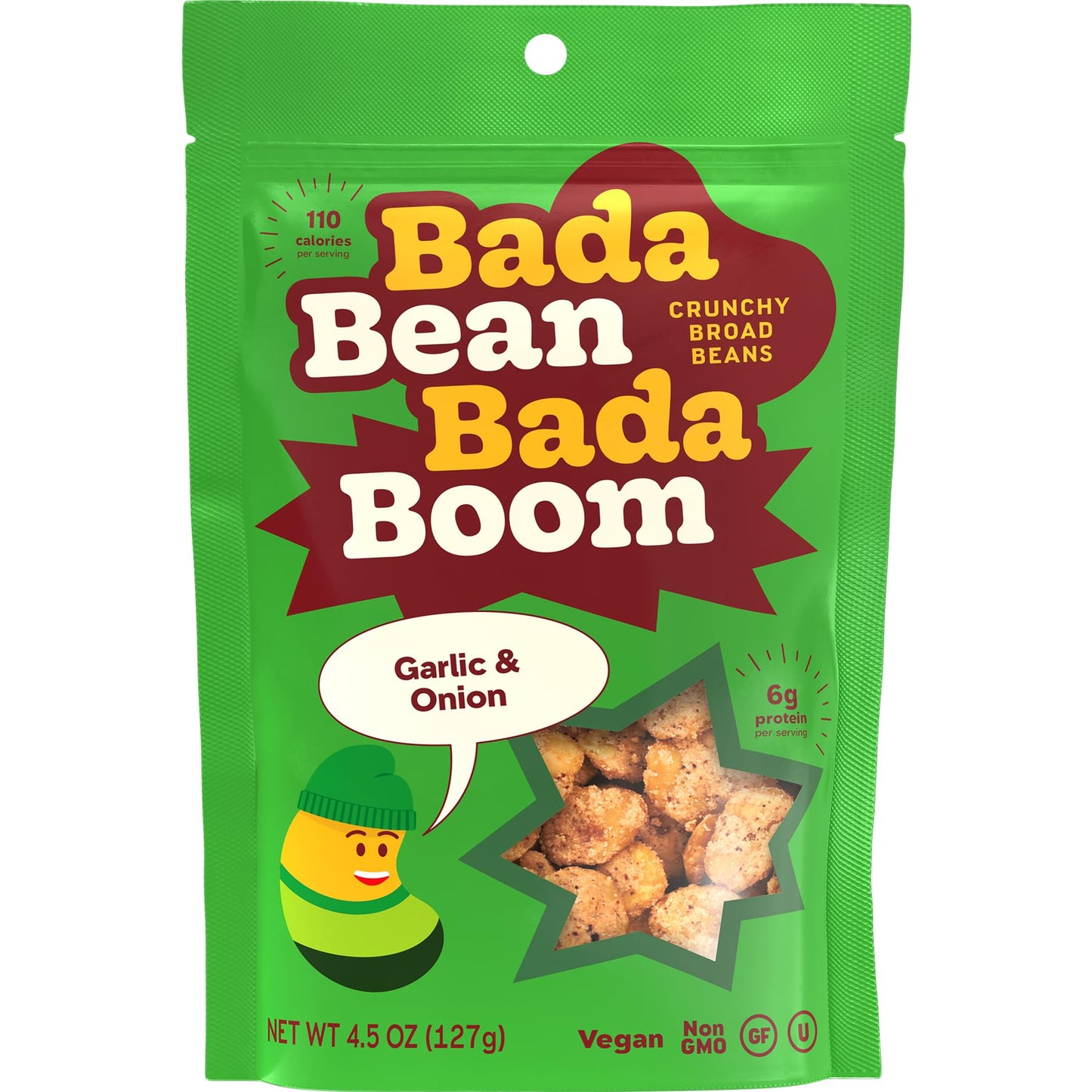 Bada Bean Bada Boom - Plant-Based Protein, Gluten Free, Vegan, Crunchy Roasted Broad (Fava) Bean Snacks, 110 Calories per Serving, Garlic & Onion, 4.5