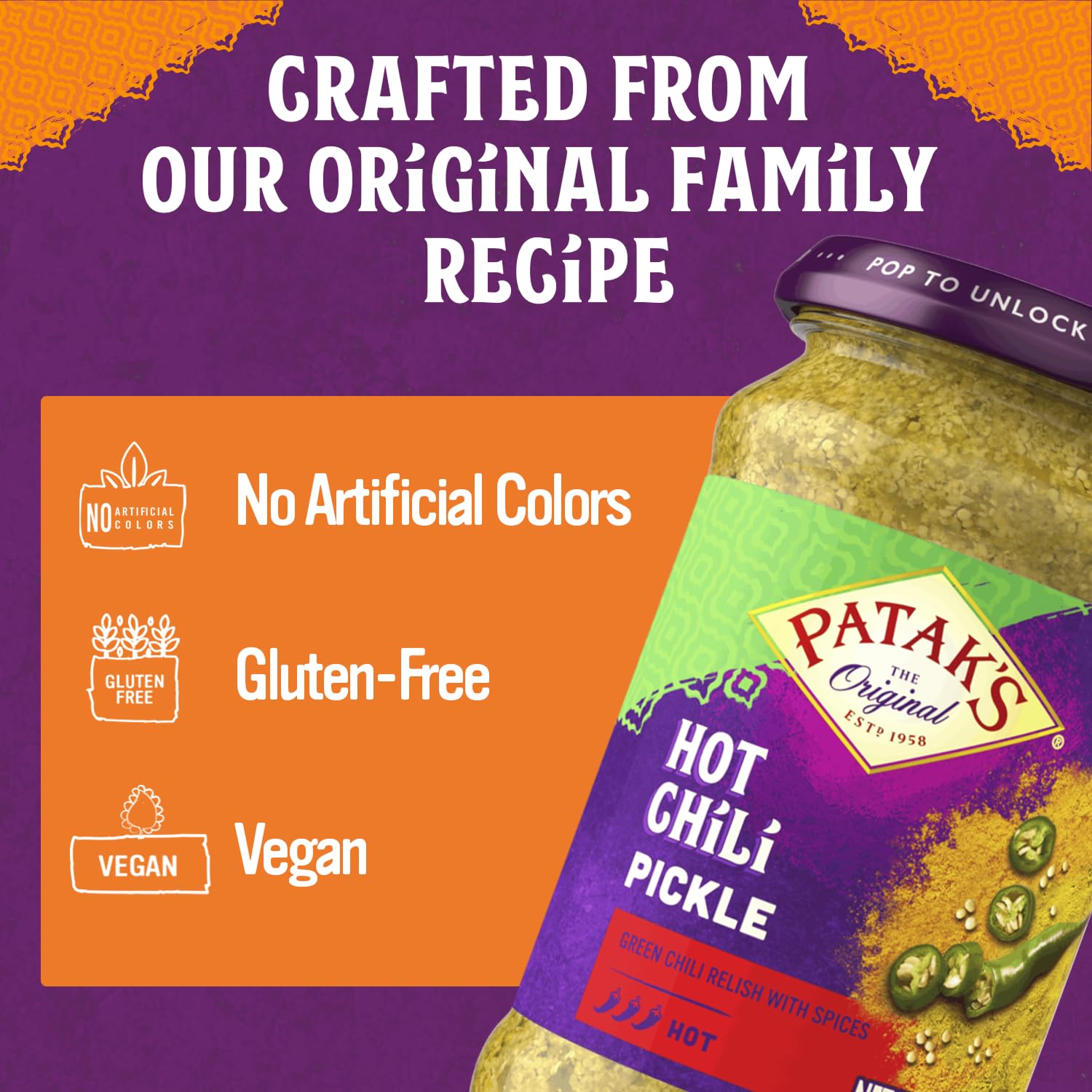 Patak’s Hot Chile Pickle 10 oz Jar (Pack of 2) - Authentic Indian Pickle with Chile Peppers, Mustard Seeds & Spices - Vegan & Gluten Free - No