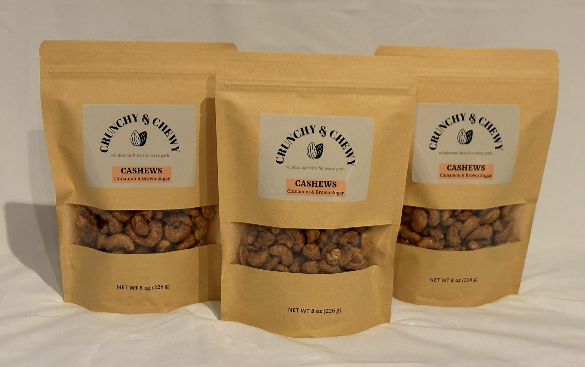 Crunchy & Chewy Handcrafted Candied Cashews Cinnamon & Brown Sugar (8 oz x 3 pack)