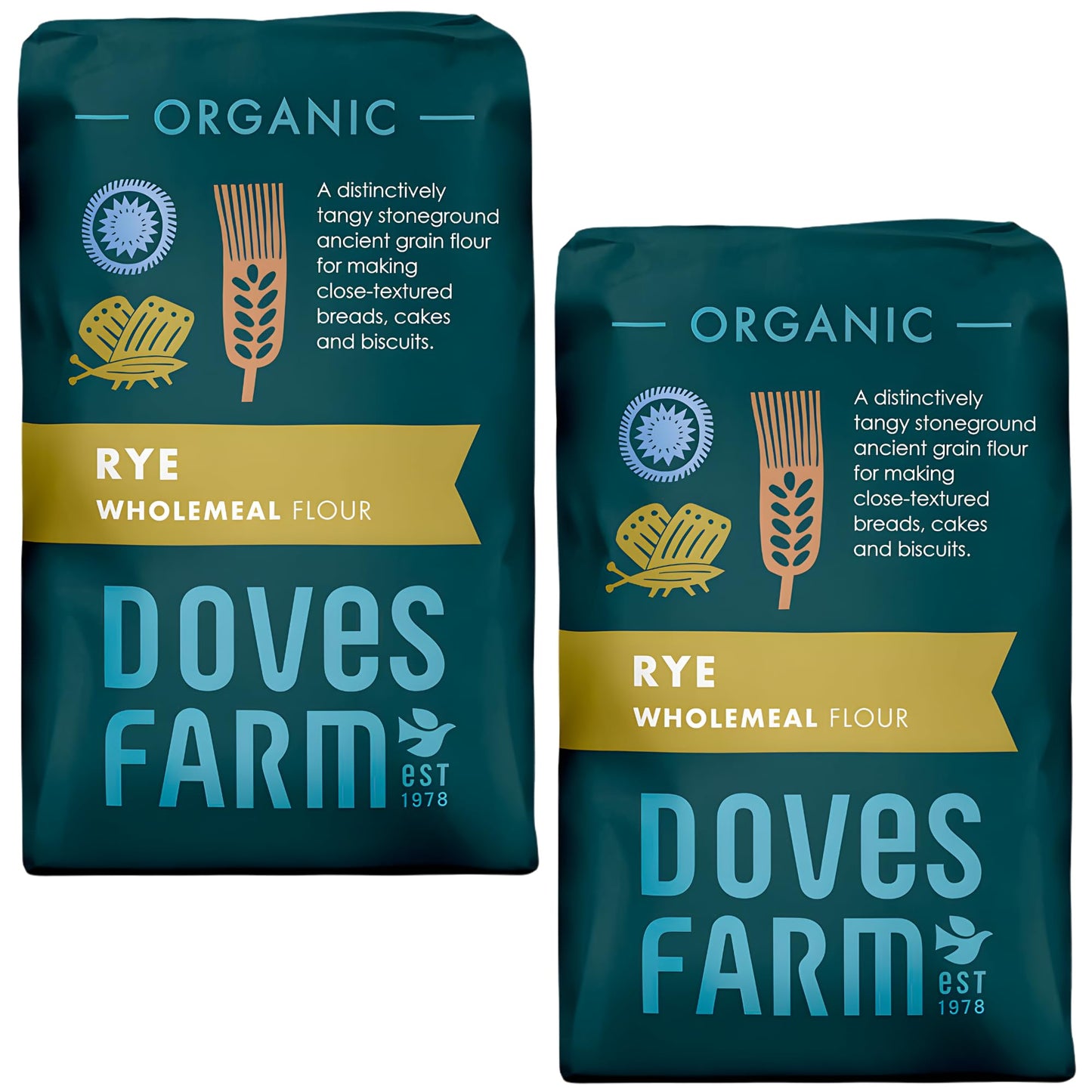 Doves Farm Organic Stoneground Wholemeal Rye Flour 2.2 lb (Pack of 2) - High Fiber Ancient Whole Grain Dark Rye Flour for British Baking Breads, Cakes