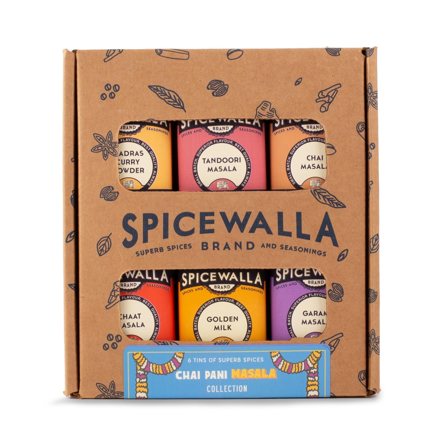 Spicewalla Masala Indian Spice 6 Pack | Chai Masala, Tandoori Masala, Garam Masala, Chaat Masala, Chai Masala, Madras Curry Powder | Non-GMO, Indian