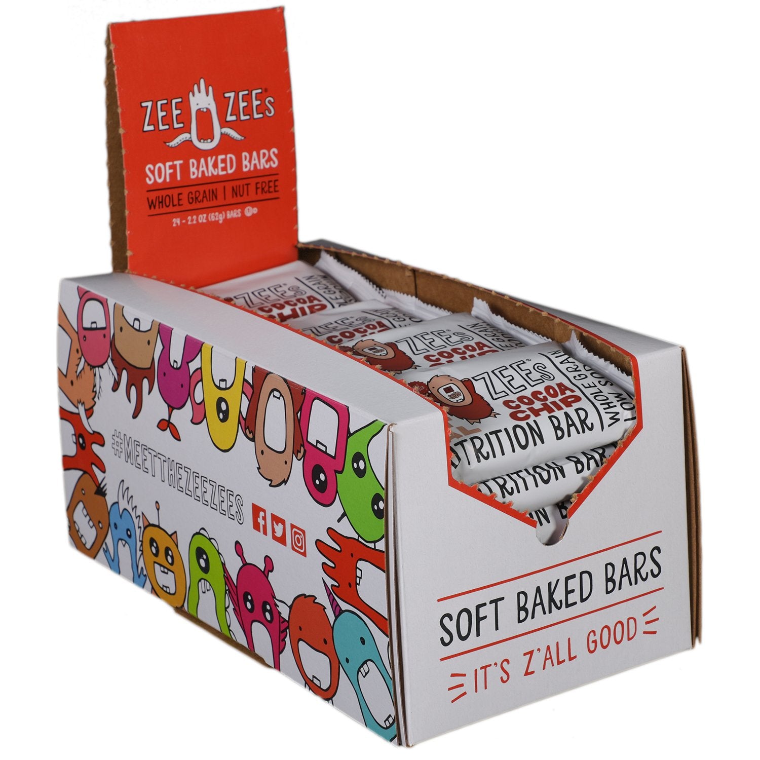 Zee Zees Oatmeal Cocoa Chip Soft Baked Bars, Nut-Free, Whole Grain, Naturally Flavored and Colored, 2.2 oz Bars, 24 pack