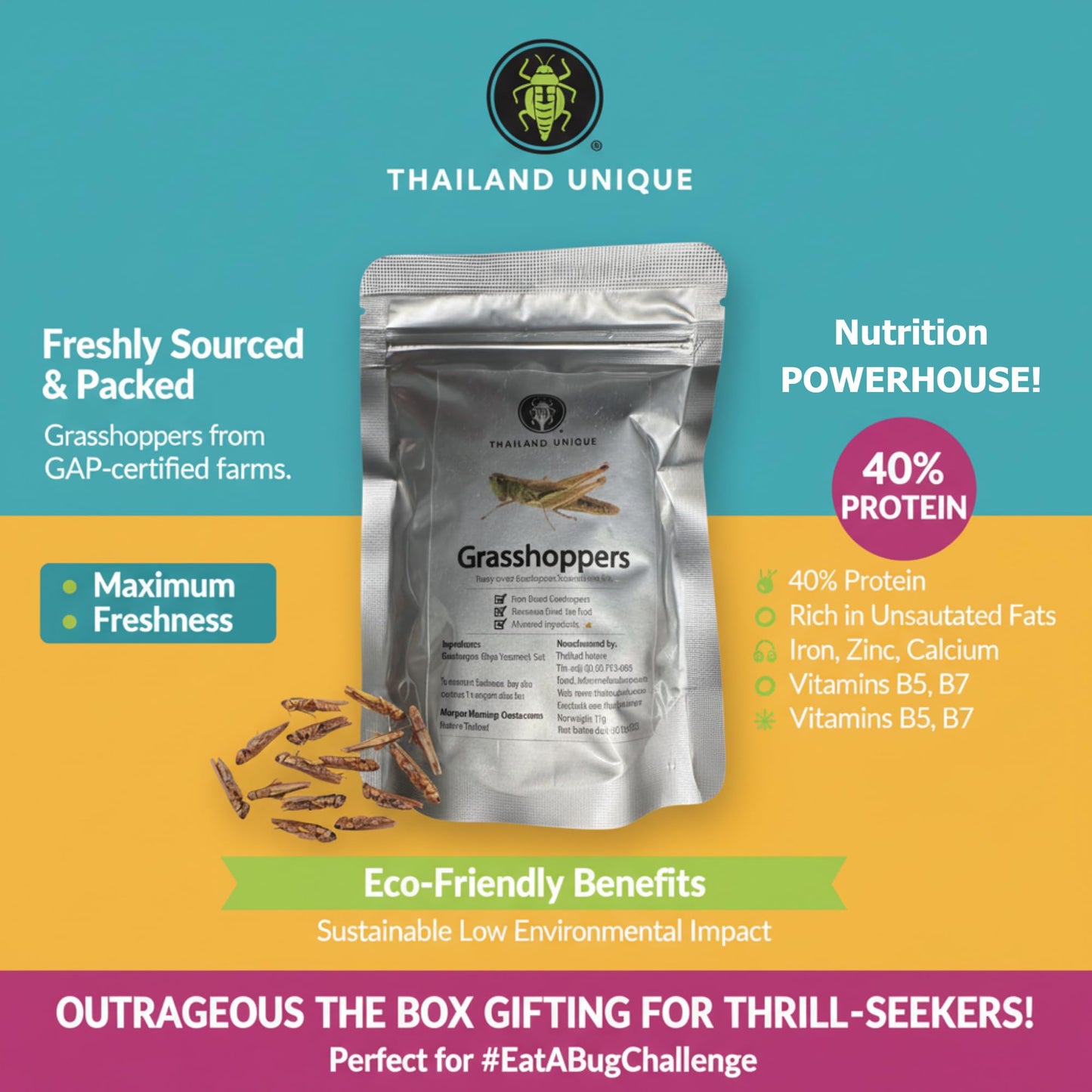 Thailand Unique Rice Field Grasshoppers - 15 Gram Bag of Dehydrated Edible Insects for Humans, Nutritious Bugs Superfood Unusual, Weird Snack Gift