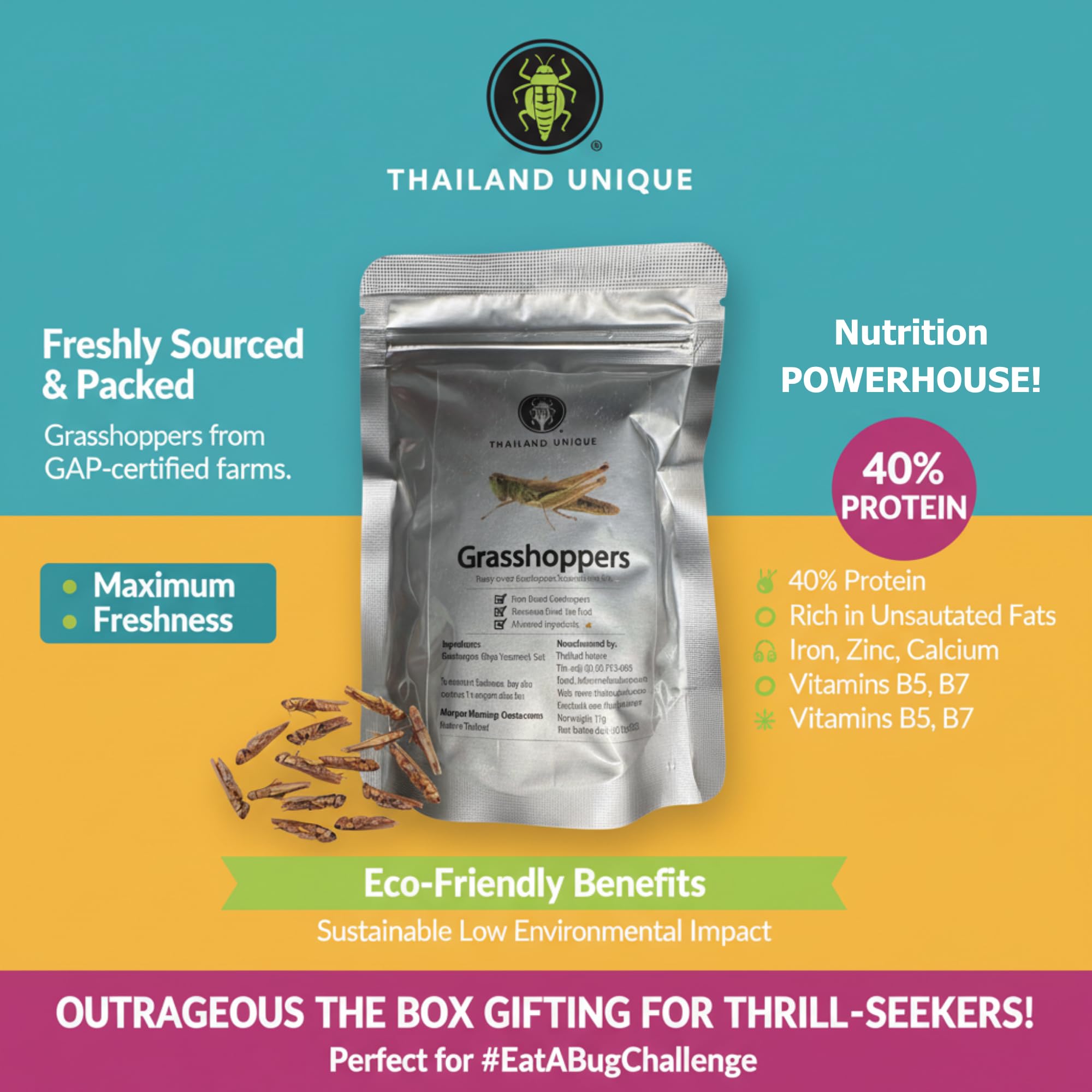 Thailand Unique Rice Field Grasshoppers - 15 Gram Bag of Dehydrated Edible Insects for Humans, Nutritious Bugs Superfood Unusual, Weird Snack Gift
