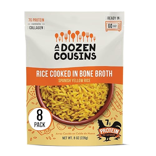 A Dozen Cousins Rice Cooked in Bone Broth Microwaveable Rice Packets | 7g Protein | Contains Collagen (Spanish Yellow Rice, 8 Pack)