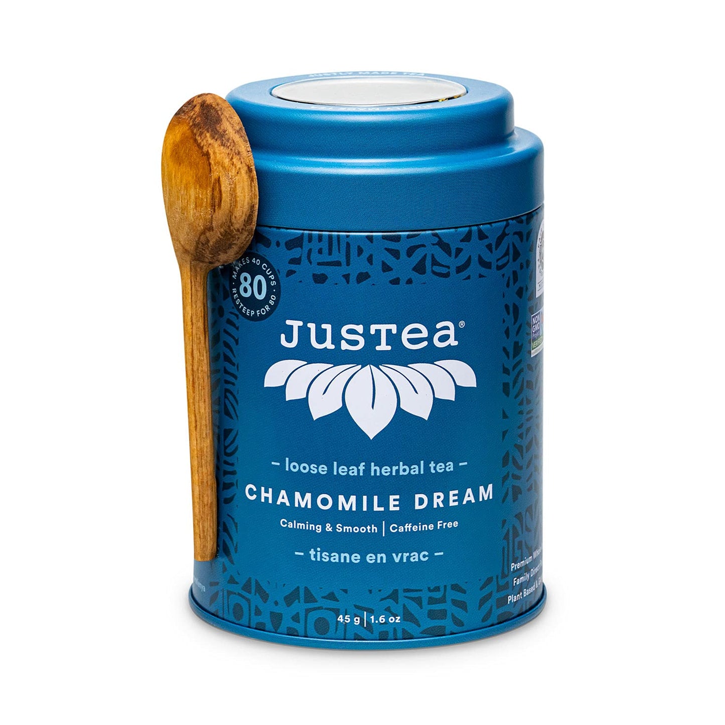 JusTea CHAMOMILE DREAM | Loose Leaf Herbal Tea | Tin with Hand Carved Tea Spoon |40+ Cups (1.6oz) | Caffeine Free | Award-Winning | Fair Trade |