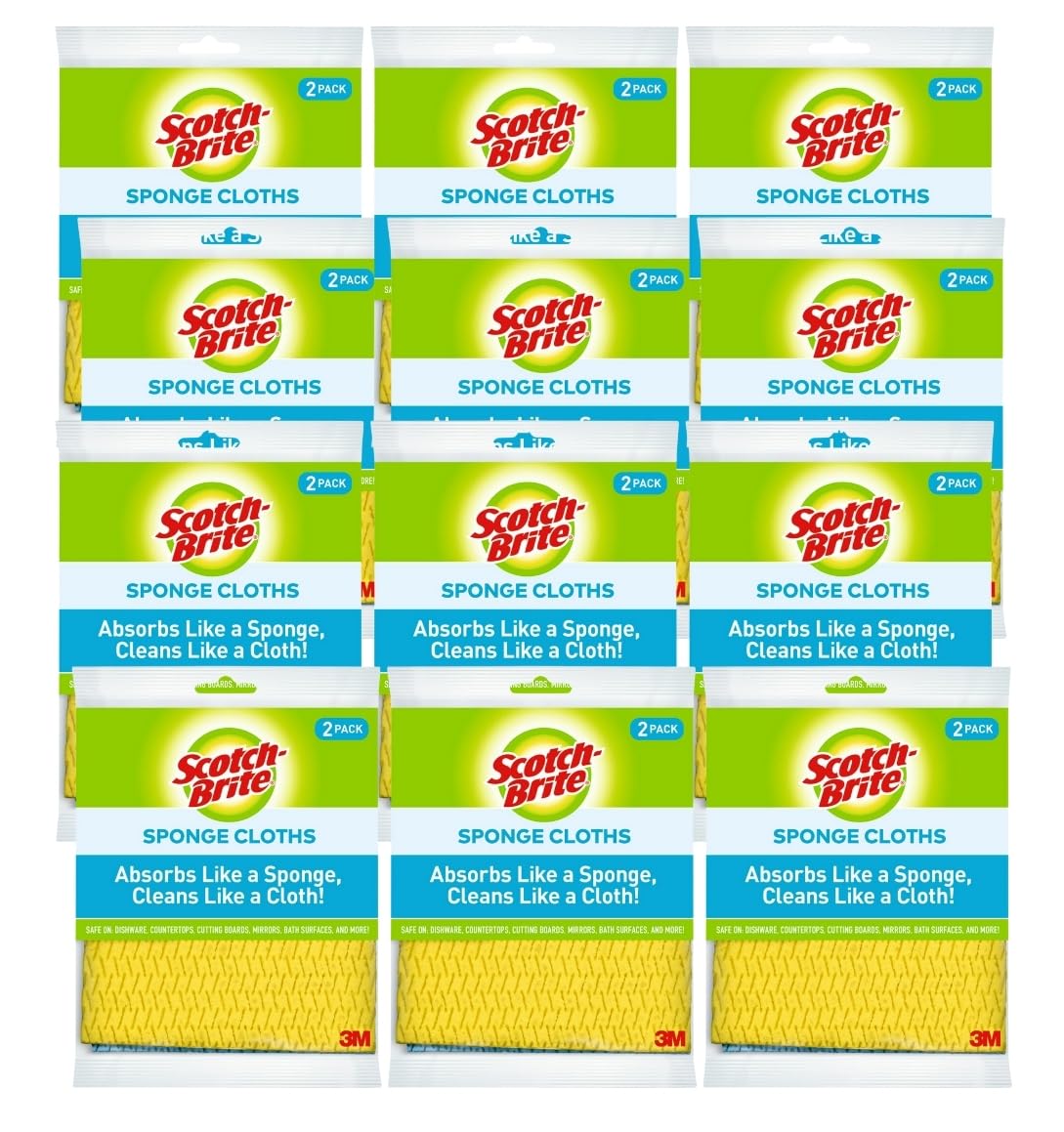 Scotch-Brite Sponge Cloth - 24-Pack (12 Packs of 2 Each), Reusable and Washable, Highly Absorbent, Multi-Purpose Cleaning Cloths