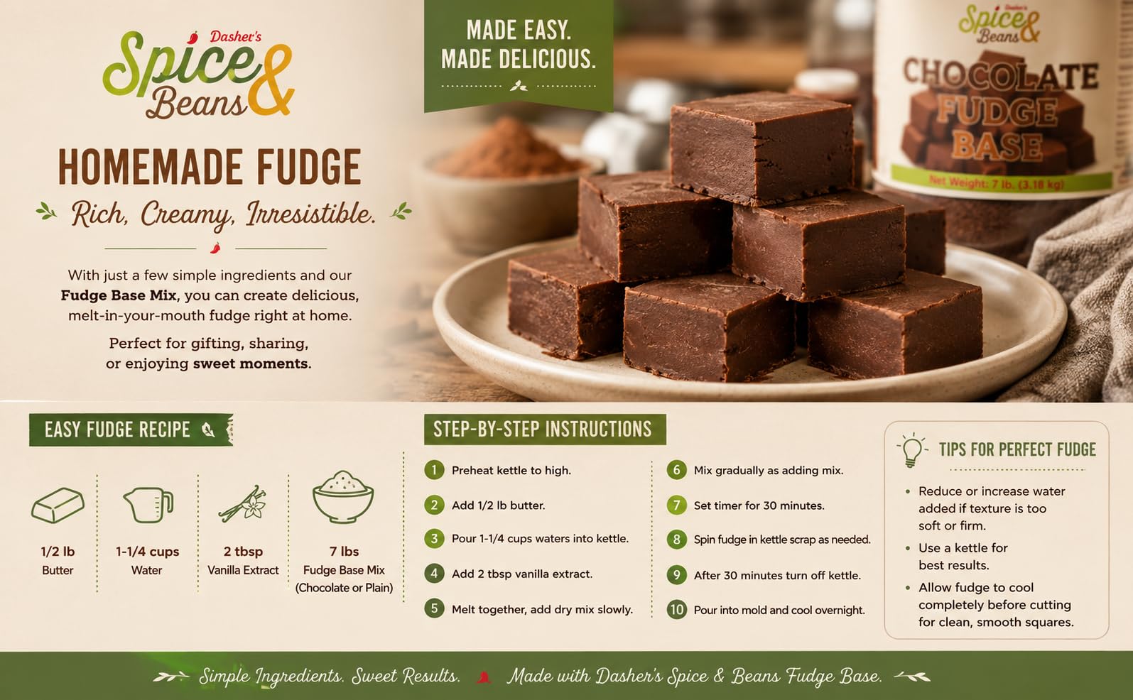 Chocolate Fudge Base Mix for Homemade Creamy Fudge Candy, Dessert Bars, Bakery Treats & Confection Recipes, Bulk 7 lb Container, by Dasher’s Spice