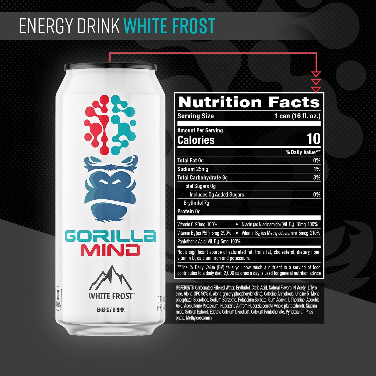 Gorilla Mind Energy Drink | Unmatched Energy · Amplified Focus | N-Acetyl-L-Tyrosine, Alpha-GPC, 200mg Caffeine, Uridine, Saffron | 0 Sugar Or