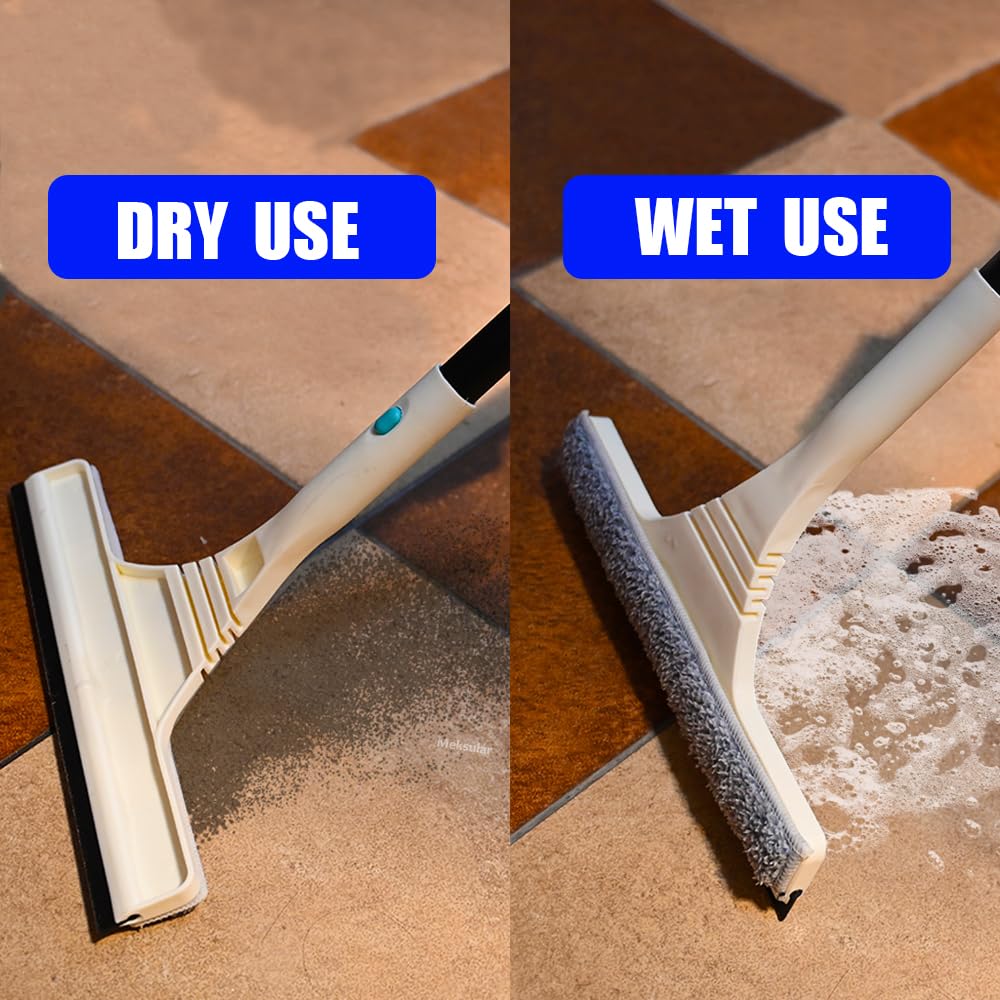 61" Window Squeegee with Long Extension Pole, 2-in-1 Streak-Free Glass Washer & Scrubber Kit with 2 Reusable Microfiber Pads & Clips, Professional
