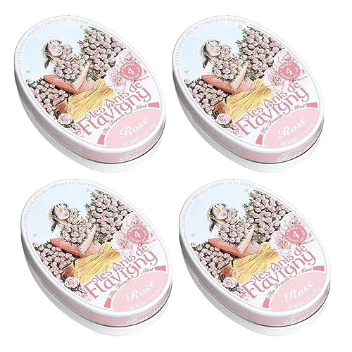 Les Anis de Flavigny French Mints Candy - Rose Flavor Hard Candy, Natural Gourmet Sweets in Classic Tin, 50g (1.75 oz) Each (Pack of 4)