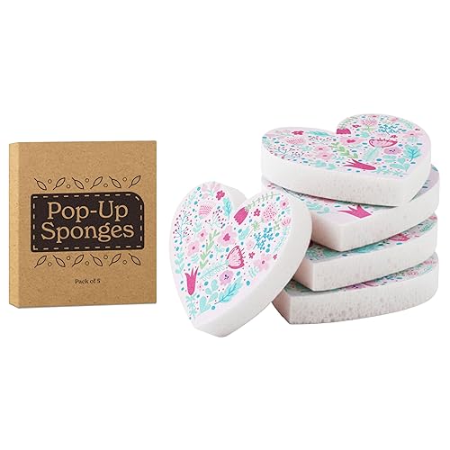 PETALY HOME 5 Pack Heart Shaped Sponges, Non-Scratch Cleaning Sponges with Floral Pattern, Kitchen Heavy Duty Scrub Sponge, Pop Up Eco Valentine's Day
