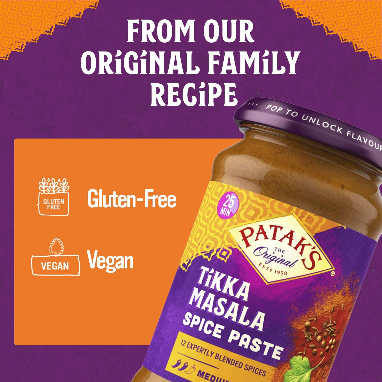 Patak’s Tikka Masala Spice Paste - Medium Indian Curry Paste w/a Blend of Freshly Ground Spices - Vegan & Gluten-Free - Flavorful Tikka Masala Curry