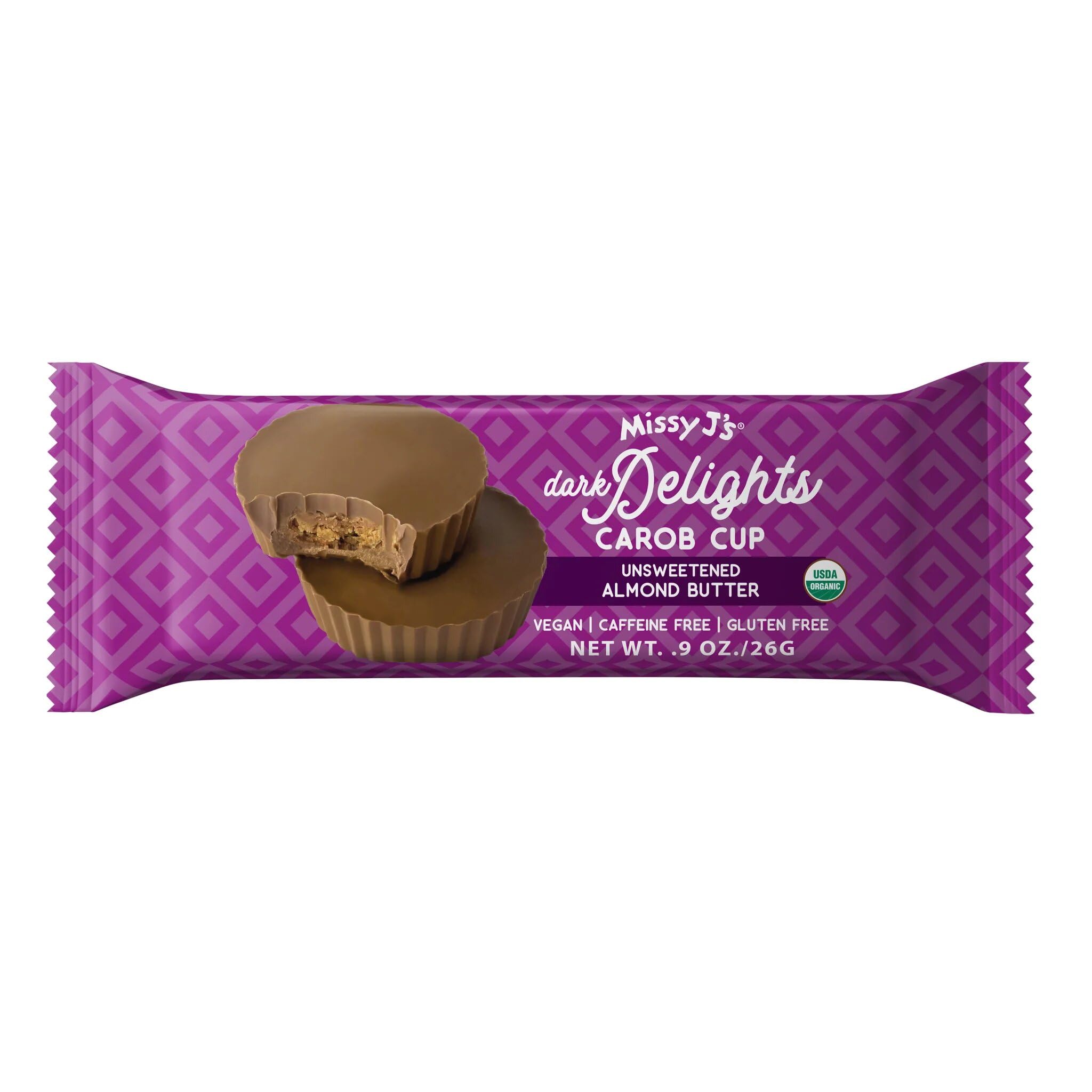 Missy J's Organic Carob Dark Delights Unsweetened Almond Cups 0.9 Oz 12 Pack | Vegan and Gluten-Free, Healthy Caffeine Free Substitute for Chocolate