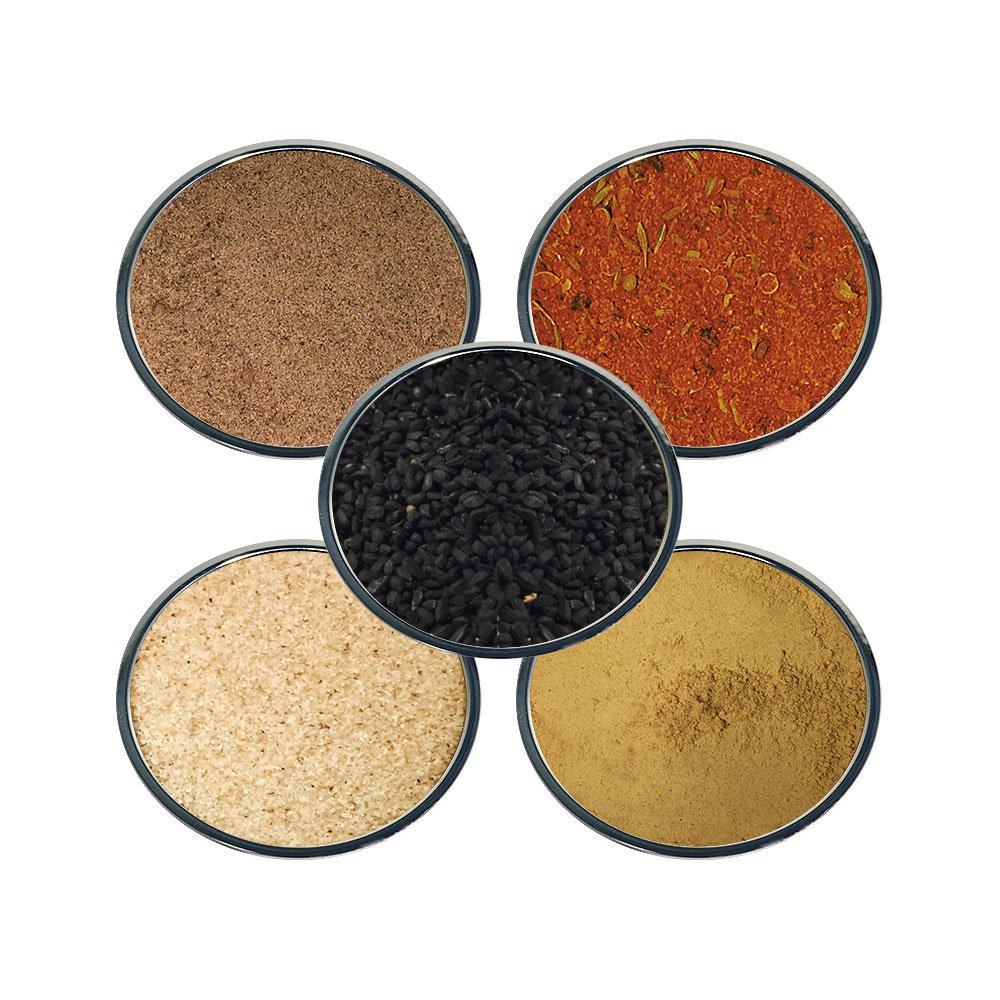 Ethiopian spice set - Contains: 5 Plastic Jars (1 each of: Nigella, Berbere, Ginger, Garlic, Cardamom ground)