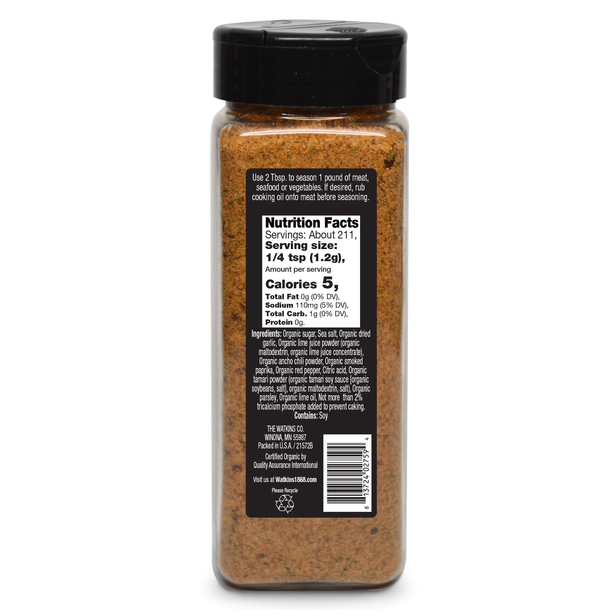 Watkins 1868 Organic Grilling Chili Lime Seasoning, Bulk 8.9 oz (Pack of 1)