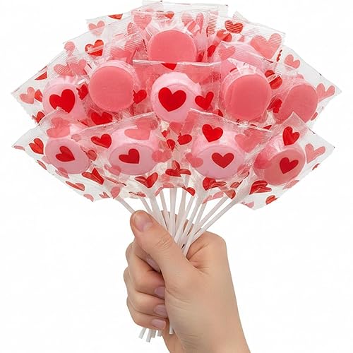 Valentine Red & Pink Heart Printed Lollipops - (Pack of 57) - Ideal for Valentine's Day Parties, Party Favors, Classroom Treats & Gift Bags