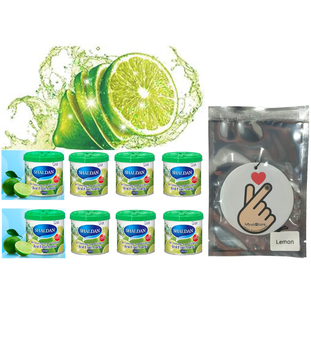 My Shaldan Air Freshener V8 - Lime x8 cans Real Fruit Aroma by ST. Corporation, Japan, Original Classic Formula, and YirehStore Finger Heart Lemon