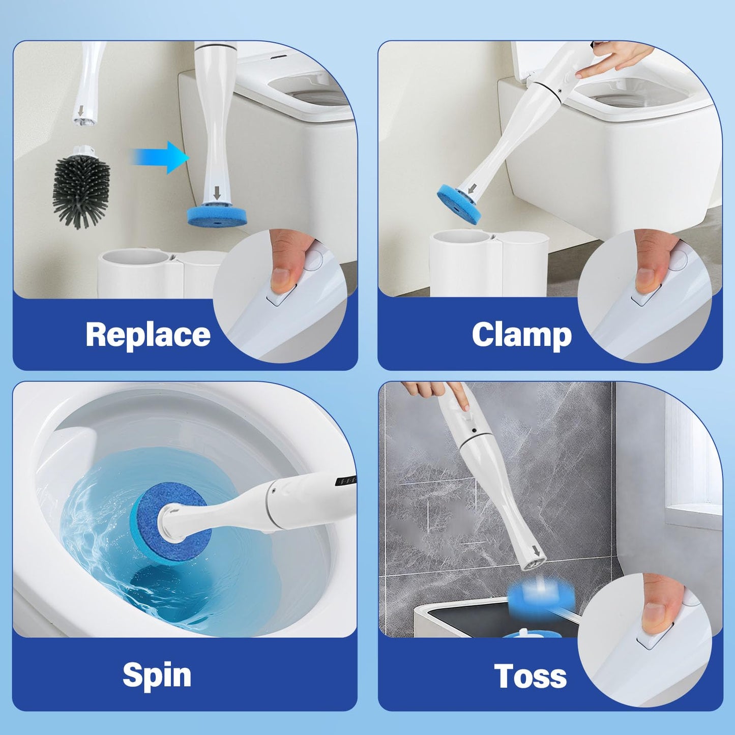 Electric Toilet Brush Scrubber and Holder Set,Electric Toilet Bowl Cleaning Kit with 8 Disposable Refill Heads,Hard Nylon Brush and Soft Silicone