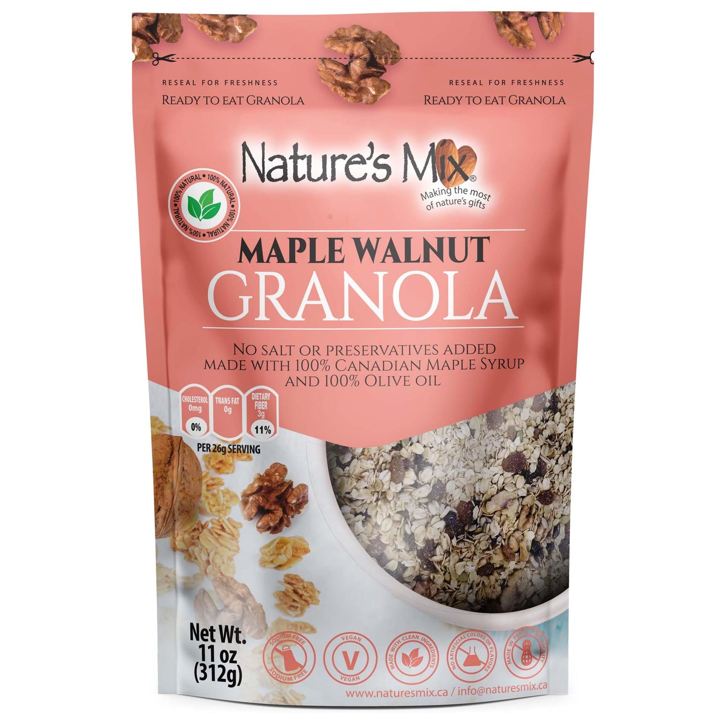 Nature's Mix - Maple Walnut Granola - Walnuts, Raisins and Currants - Sweetened with Maple Syrup - No Sugar, Salt, or Preservatives - Small Size