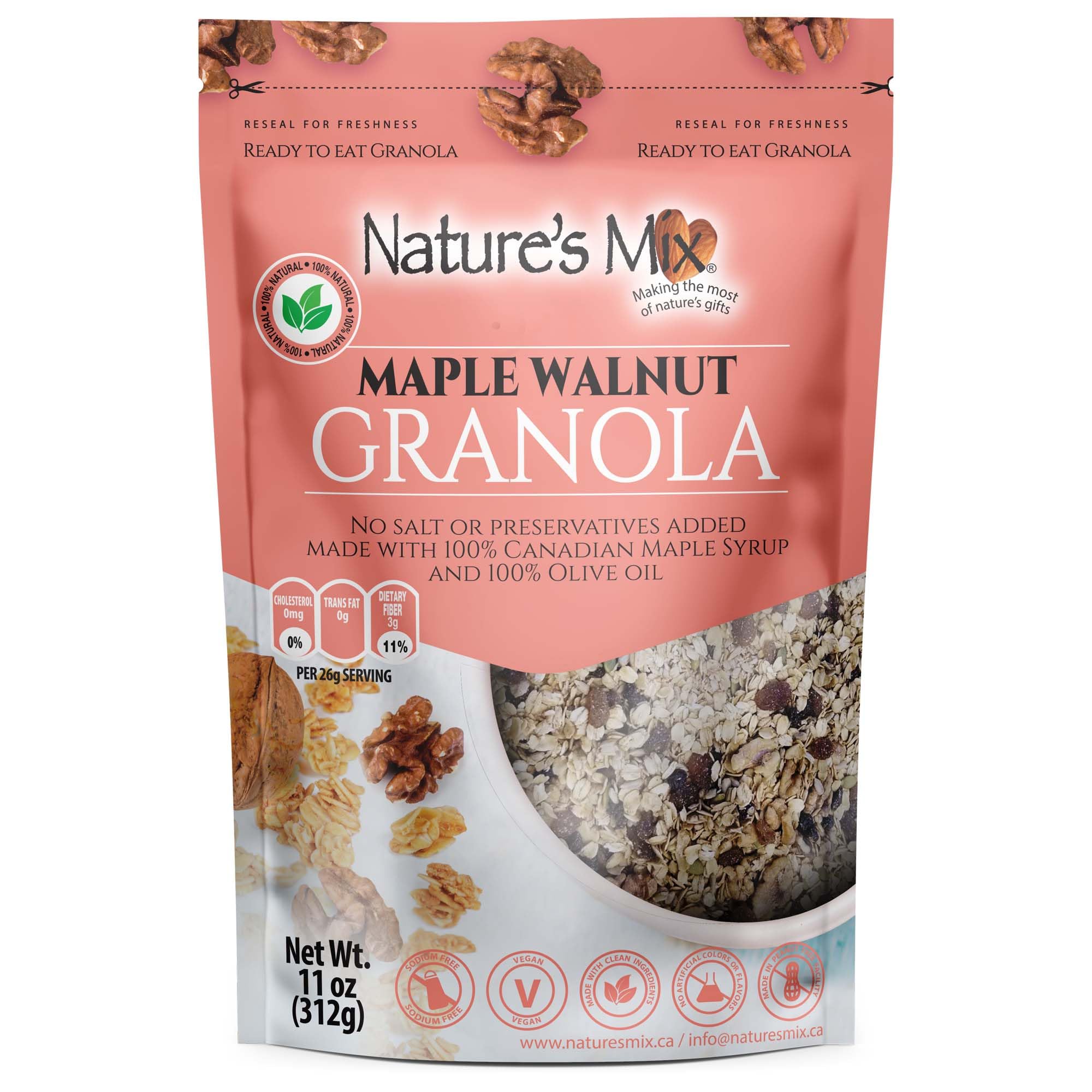 Nature's Mix - Maple Walnut Granola - Walnuts, Raisins and Currants - Sweetened with Maple Syrup - No Sugar, Salt, or Preservatives - Small Size