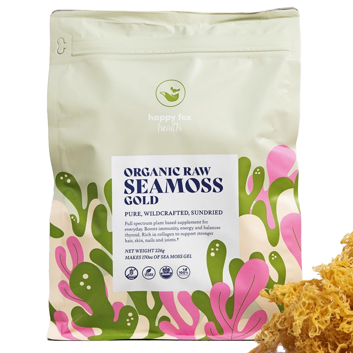 HAPPY FOX Organic Sea Moss Raw Gold Makes 170oz of Seamoss Gel Rich in Vitamins & Minerals, Certified Non-GMO, Wildcrafted, Sundried Superfood - 8oz