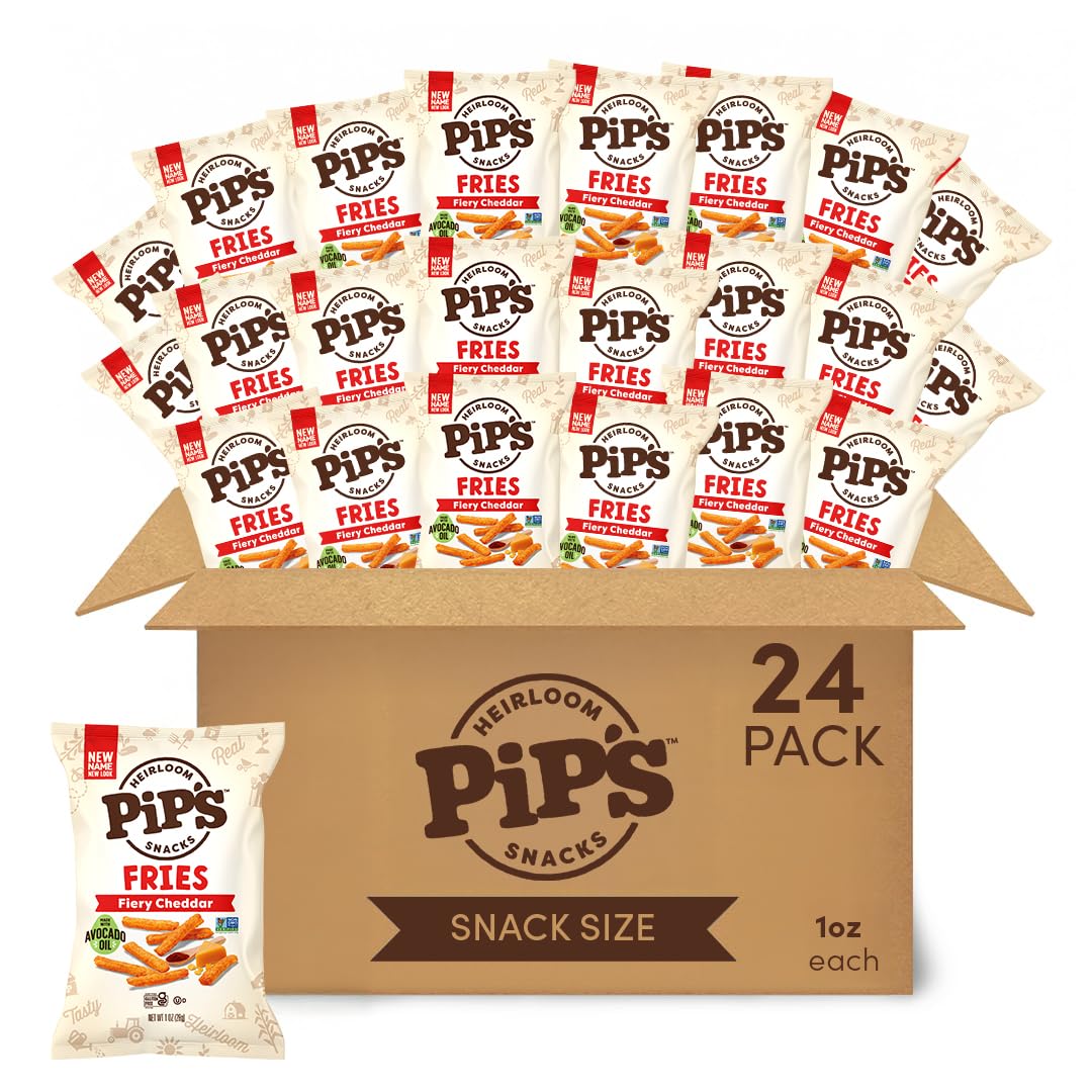 Pip’s Heirloom Baked Fiery Cheddar Fries - 1 oz Bags (24 pk) - Individually Wrapped Snack Packs, Baked Not Fried, Made With Upcycled Heirloom Corn