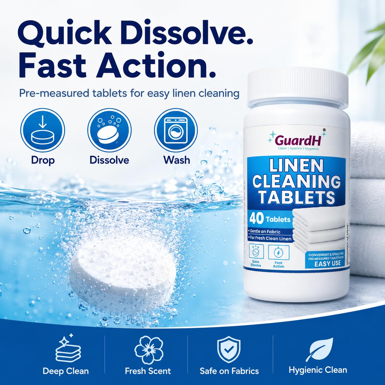 GuardH Linen Cleaning Tablets - 40 Count | Fast Dissolving, Gentle on Fabric | Removes Tough Stains & Odors | Easy-to-Use Laundry Booster