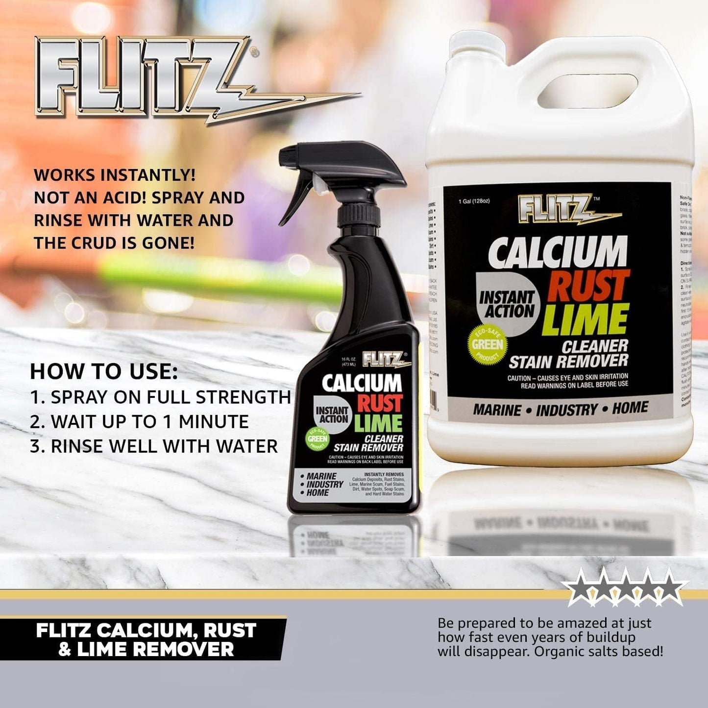 FLITZ Calcium, Rust, & Lime Remover - 16oz Bottle of USA-Made Limescale Remover for Toilets, Showers, and More - Powerful Spray that Instantly