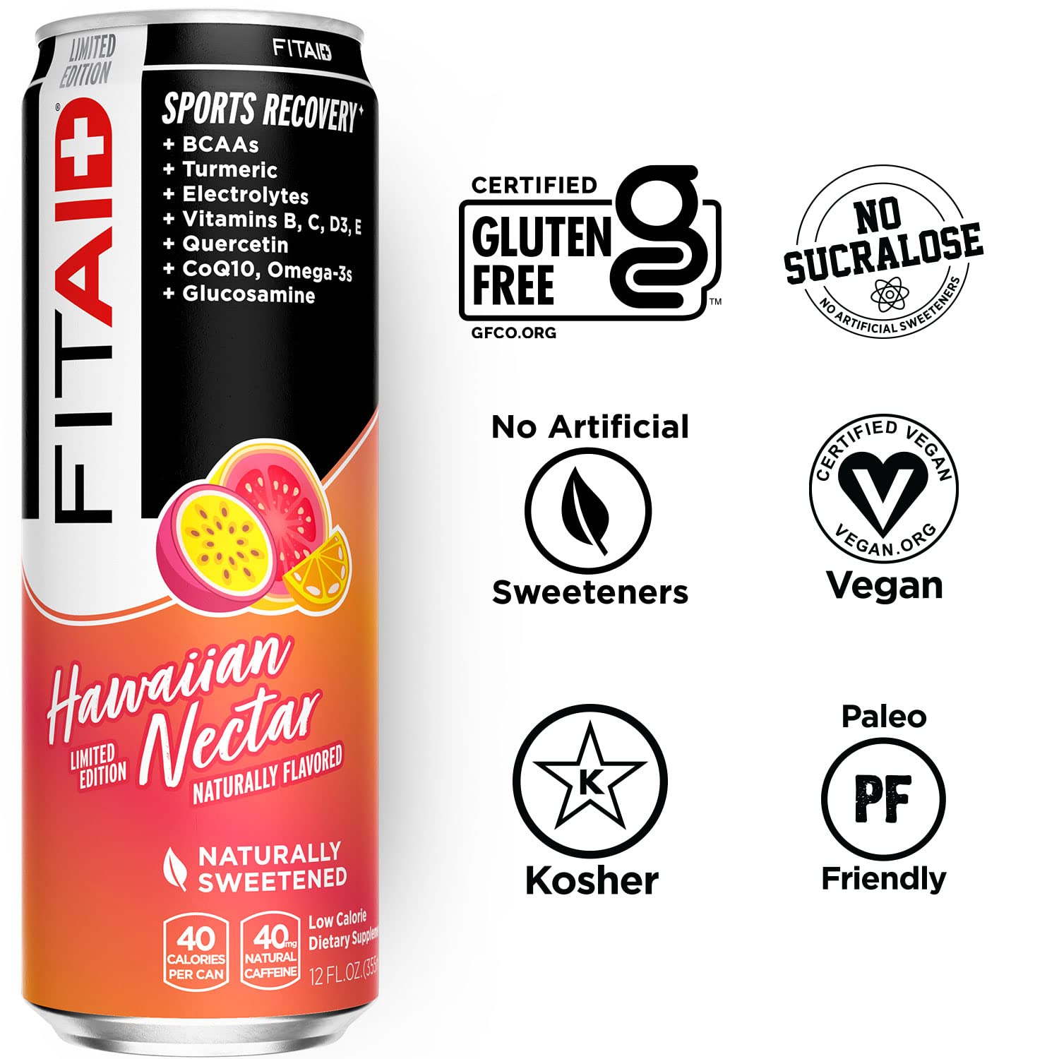 FITAID Post Workout Recovery Drink Hawaiian Nectar Passion Fruit Orange & Guava BCAA Glucosamine Electrolytes 40 Calories 12 Fl Oz (Pack of 12)