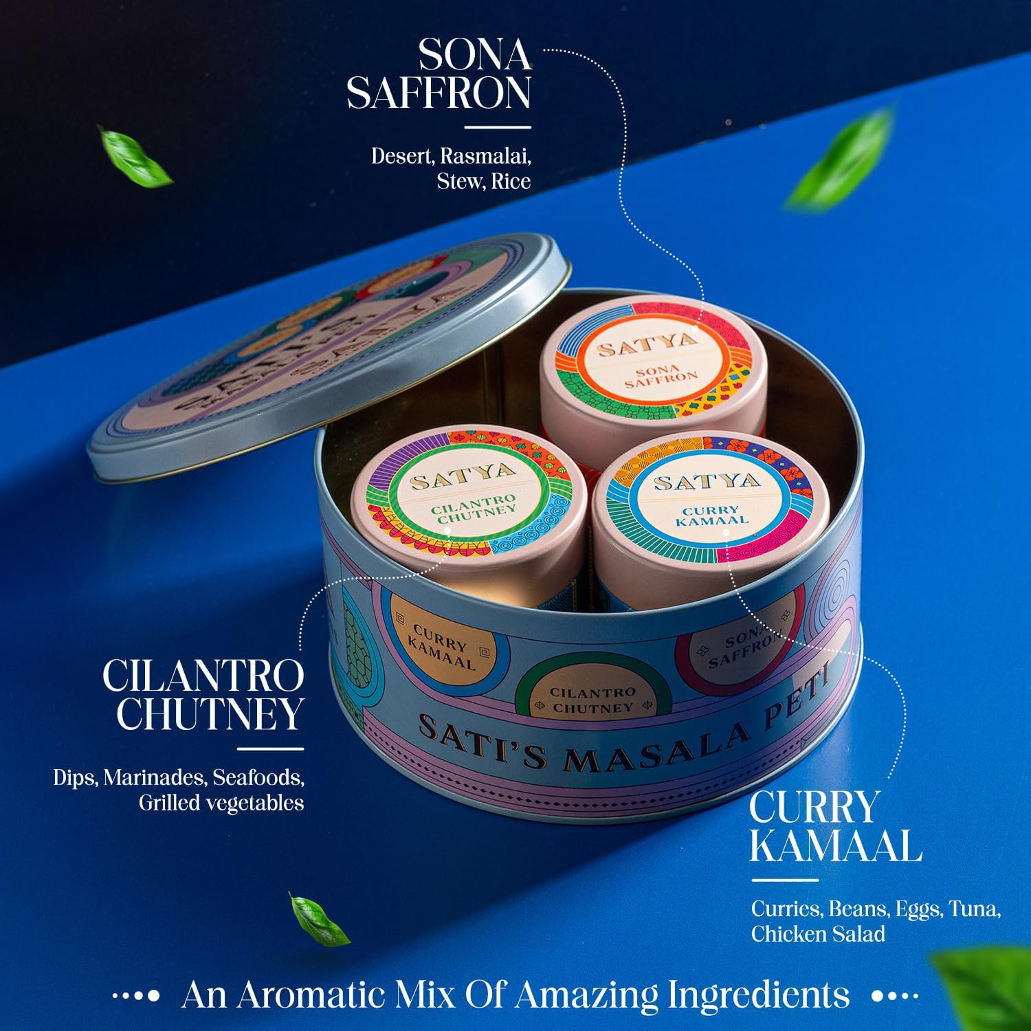 Satya Blends Indian Spice Gift Set Pack of 3 - Cilantro Chutney, Curry Kamaal & Sona Saffron Seasoning Mix Trio, Vegan, Gluten Free, Low Sodium, No
