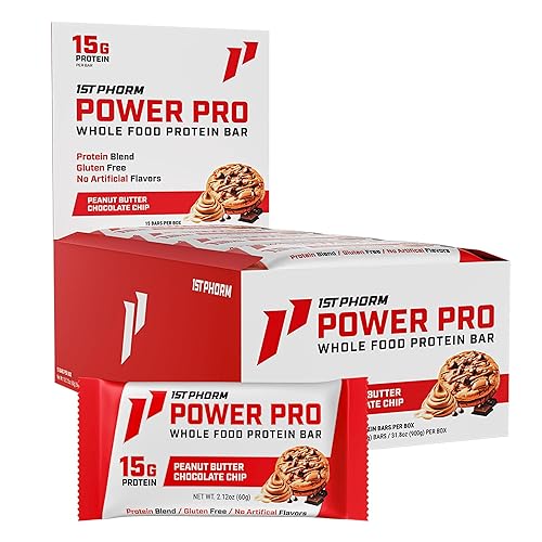 1st Phorm Power Pro Protein Bars, Peanut Butter Chocolate Chip Flavor, 15G Whole Food Protein, Gluten Free, Snack Bars for on the Go or Pantry Snacks