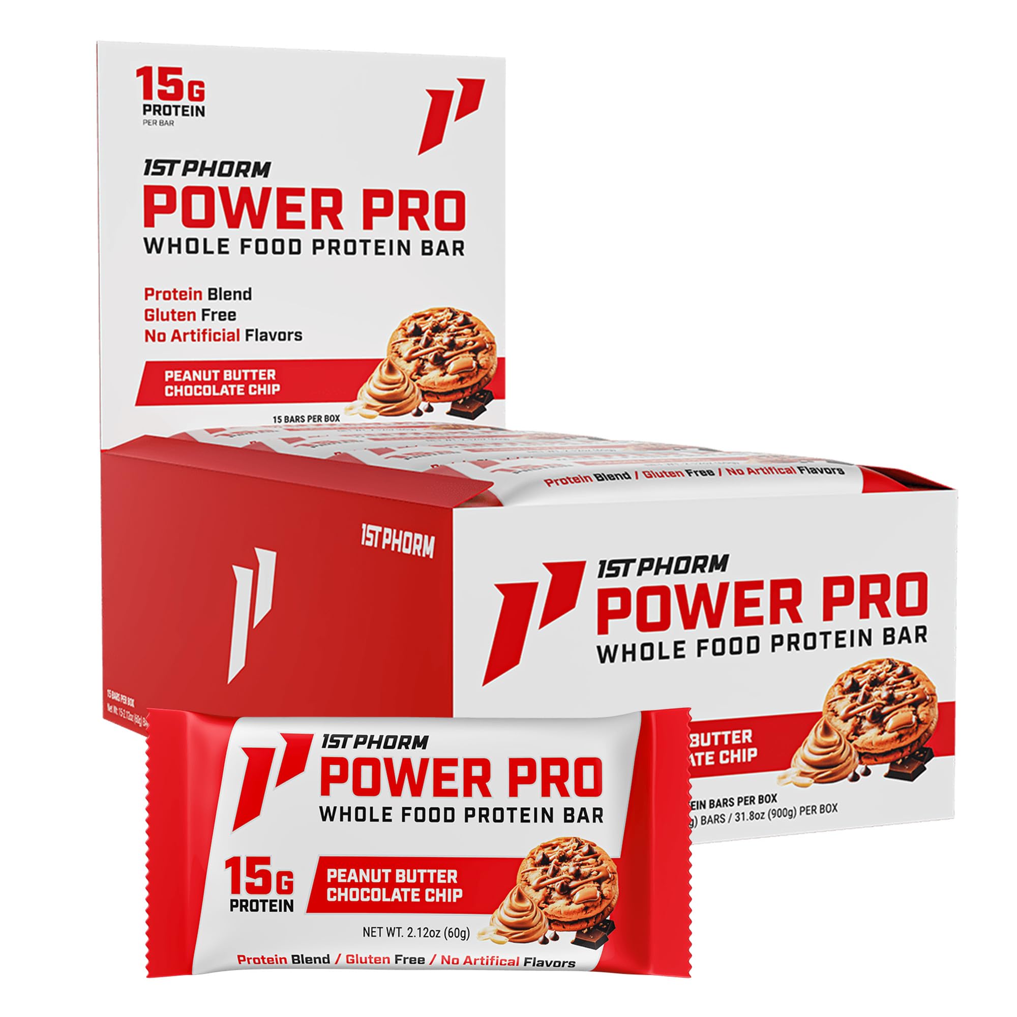 1st Phorm Power Pro Protein Bars, Peanut Butter Chocolate Chip Flavor, 15G Whole Food Protein, Gluten Free, Snack Bars for on the Go or Pantry Snacks
