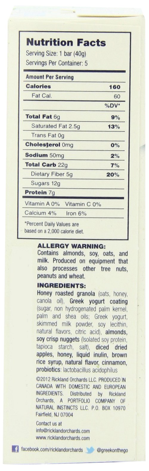 Rickland Orchards Greek Yogurt Covered Granola Bar, Apple and Honey, 1.4 Ounce Bars, 5 Count