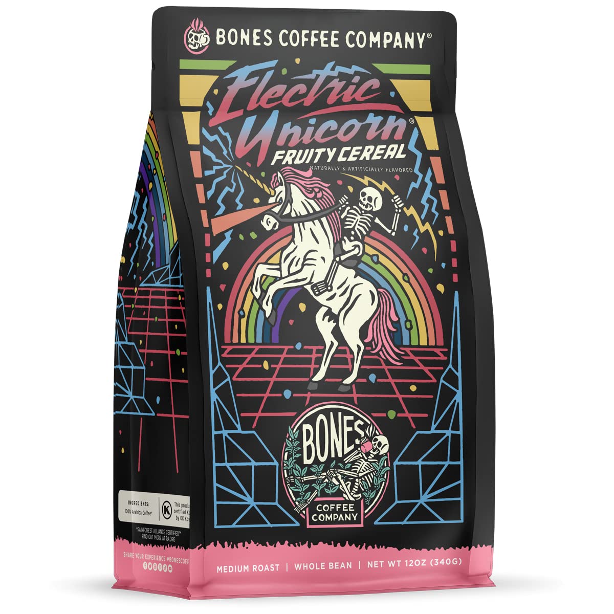 Bones Coffee Company Electric Unicorn, Fruity Cereal With Milk Flavored Coffee, Medium Roast Low Acid Arabica Beans Compatible with Auto drip