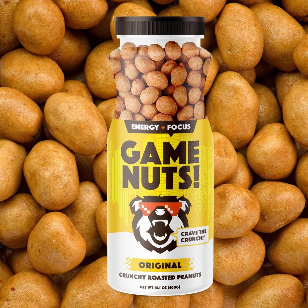 GAME NUTS Original Crunchy Roasted Peanuts, Baked Not Fried, Vegan Snack, Protein-Packed Energy Boost, Guilt-Free Crunch, 14.1oz Jar (6-Pack)