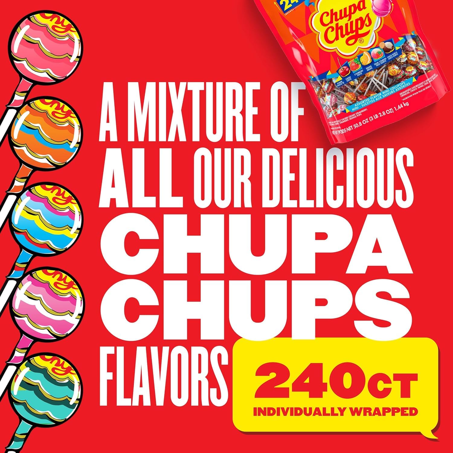 Chupa Chups Mini Lollipop Assortment, Five Flavors, Easter Candy Bulk, Easter Basket Essentials Stuffers for Kids and Adults, Individually Wrapped