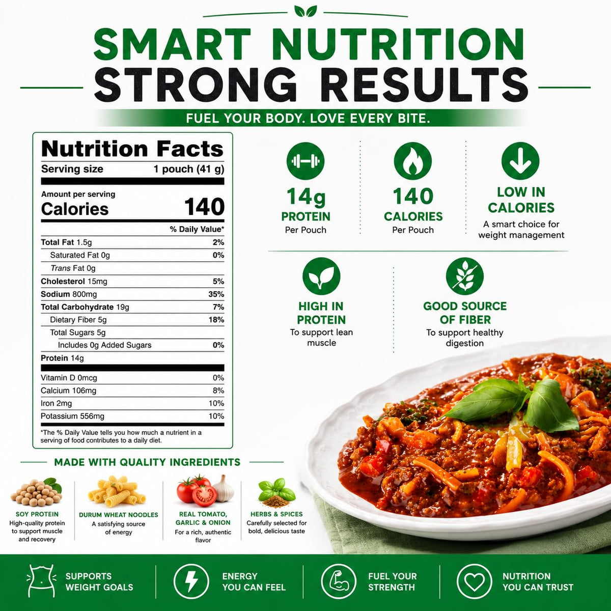 Nutmeg State Nutrition - High Protein Instant Meal, 15g Protein, 140 Calories, 1.5g Fat, 5g Fiber, 7 Servings Per Box (1 Box, Spaghettini Bolognese)