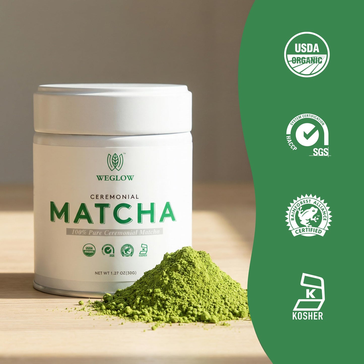 WEGLOW Matcha Power Organic Ceremonial Grade Matcha Powder -First Harvest Ceremonial Grade Matcha Green Tea Powder?KOSHER & SGS Certified(30g/1.06oz)