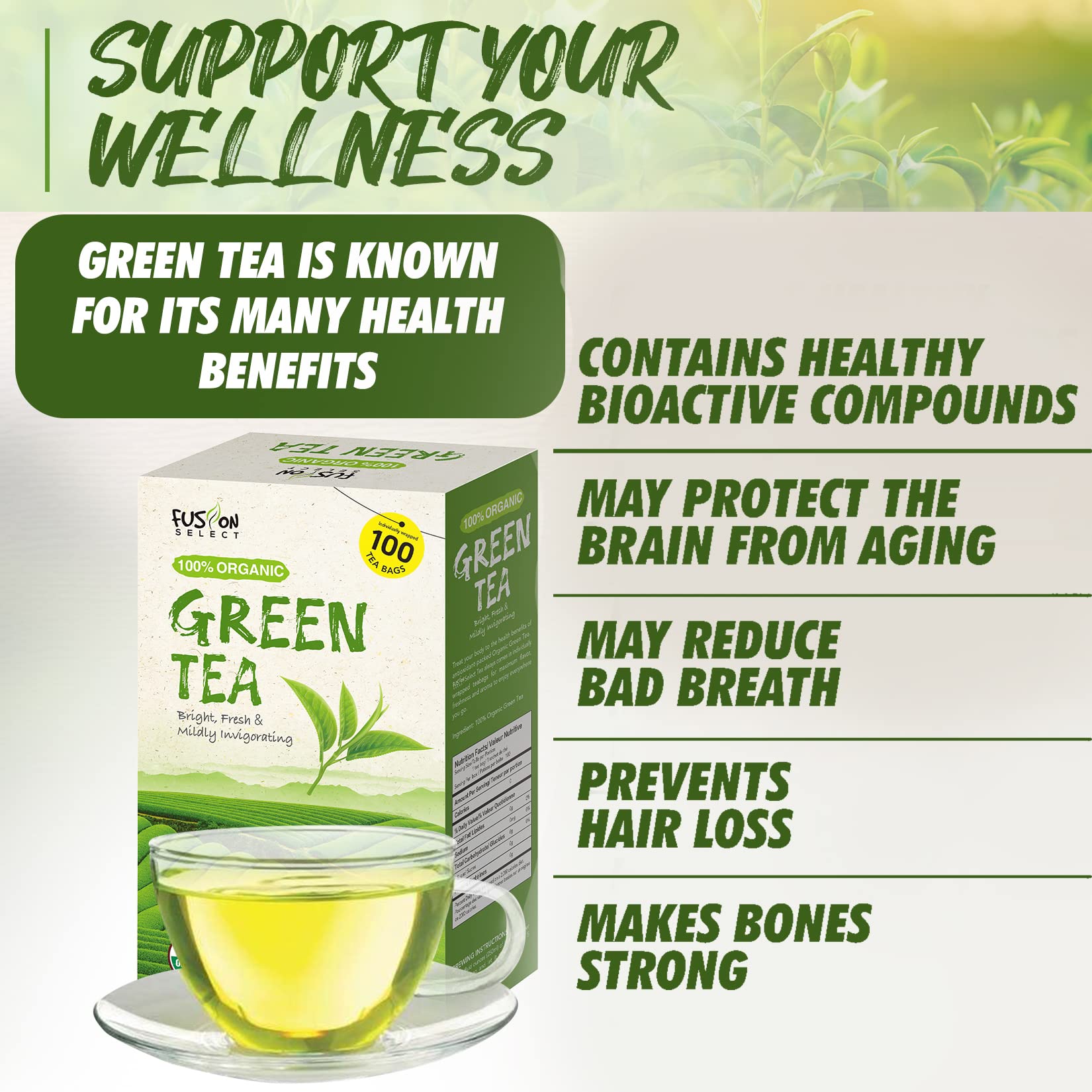 Fusion Select Organic Green Tea - Fresh Drink with Mild & Bright Flavor - Easy to Brew - Relaxing Tea Beverages with Antioxidant Support - 100