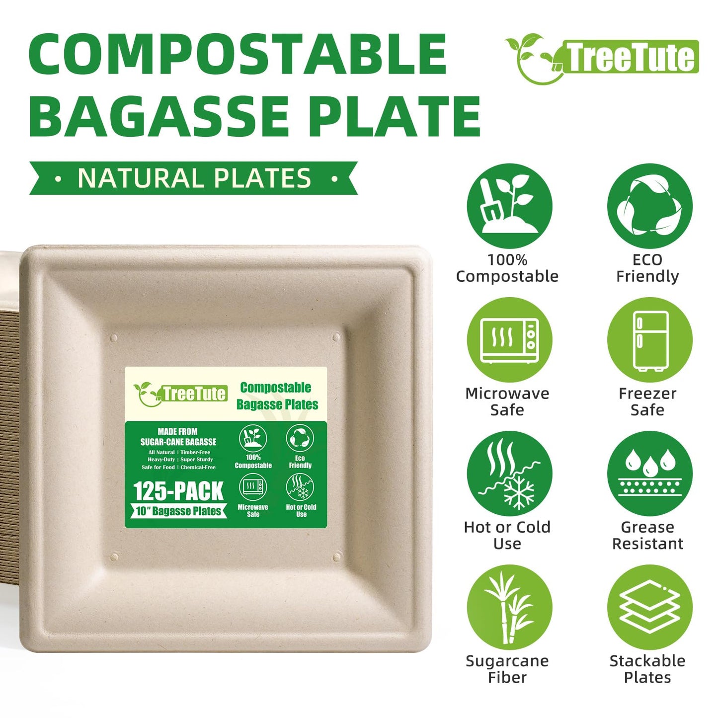 TreeTute 10 Inch Compostable Square Paper Plates [125-Pack], Disposable Biodegradable Bagasse Plates | Heavy-Duty | Eco-friendly | Large Dinner Plates